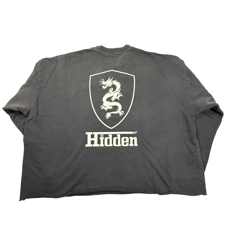 Hidden NY Dragon Shield Logo Sweatshirt XXL Faded Black Cropped Raw Hem Made USA